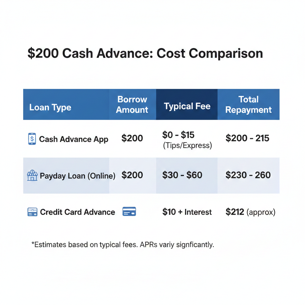 $200 cash advance fee comparison table between apps and payday loans